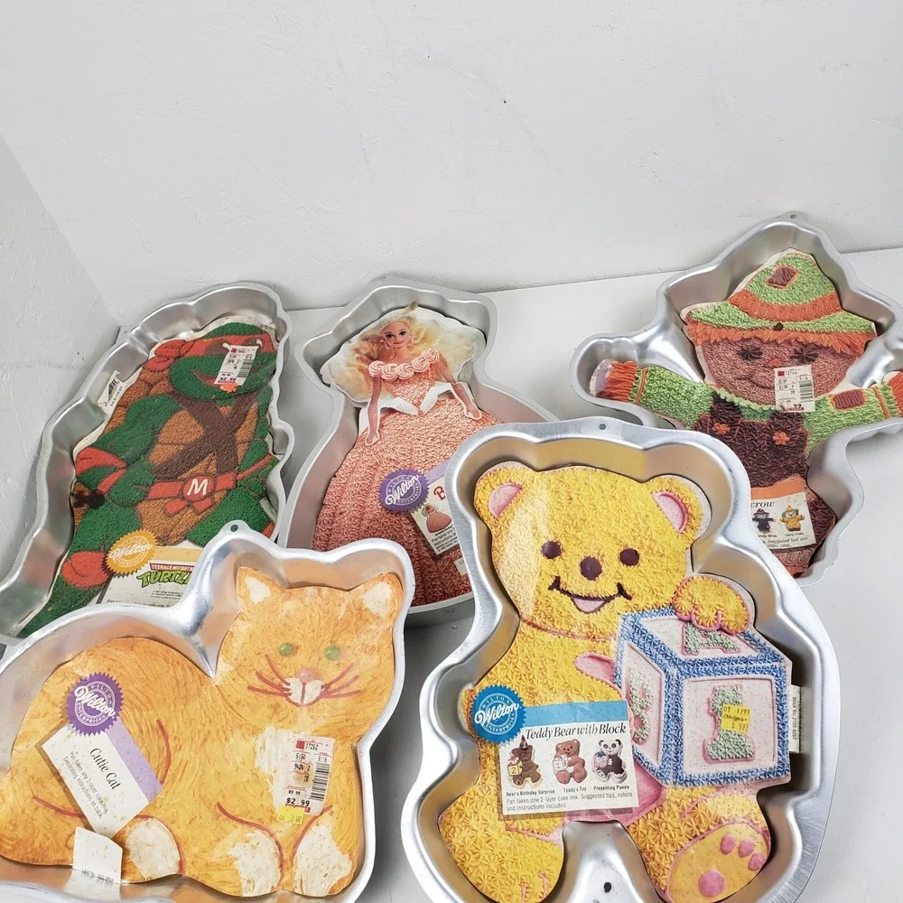 Vintage Wilton Cake Pan Lot 5pc TMNT Barbie Teddy Bear Cat Scarecrow Aluminum